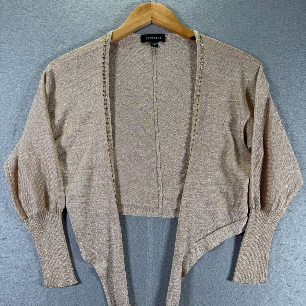 Bebe‎ Women's Mocha Frost Bolero Shrug Gold Studded Silk Blend Cropped Small